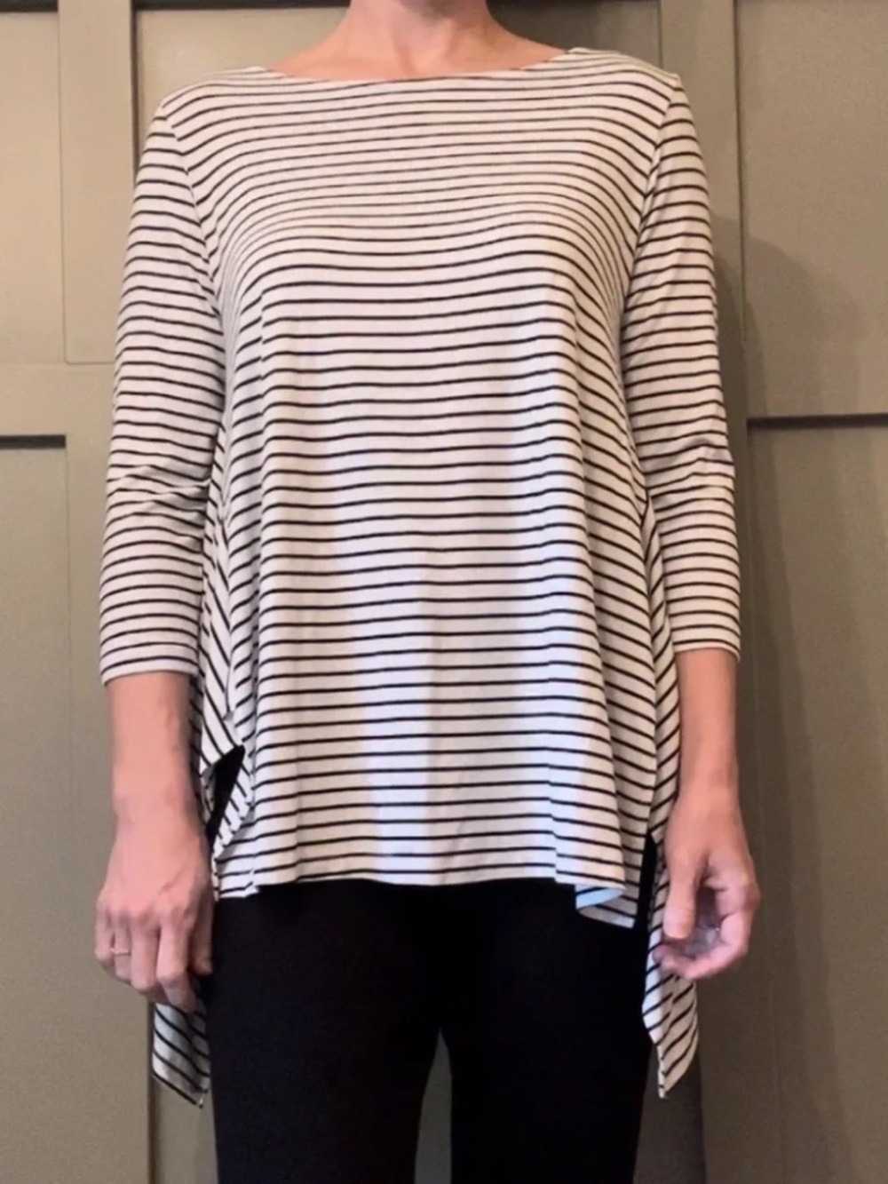 Comfy USA A-Line Tunic Top Black & White Stripes 3/4 Sleeve Modal Super Soft XS